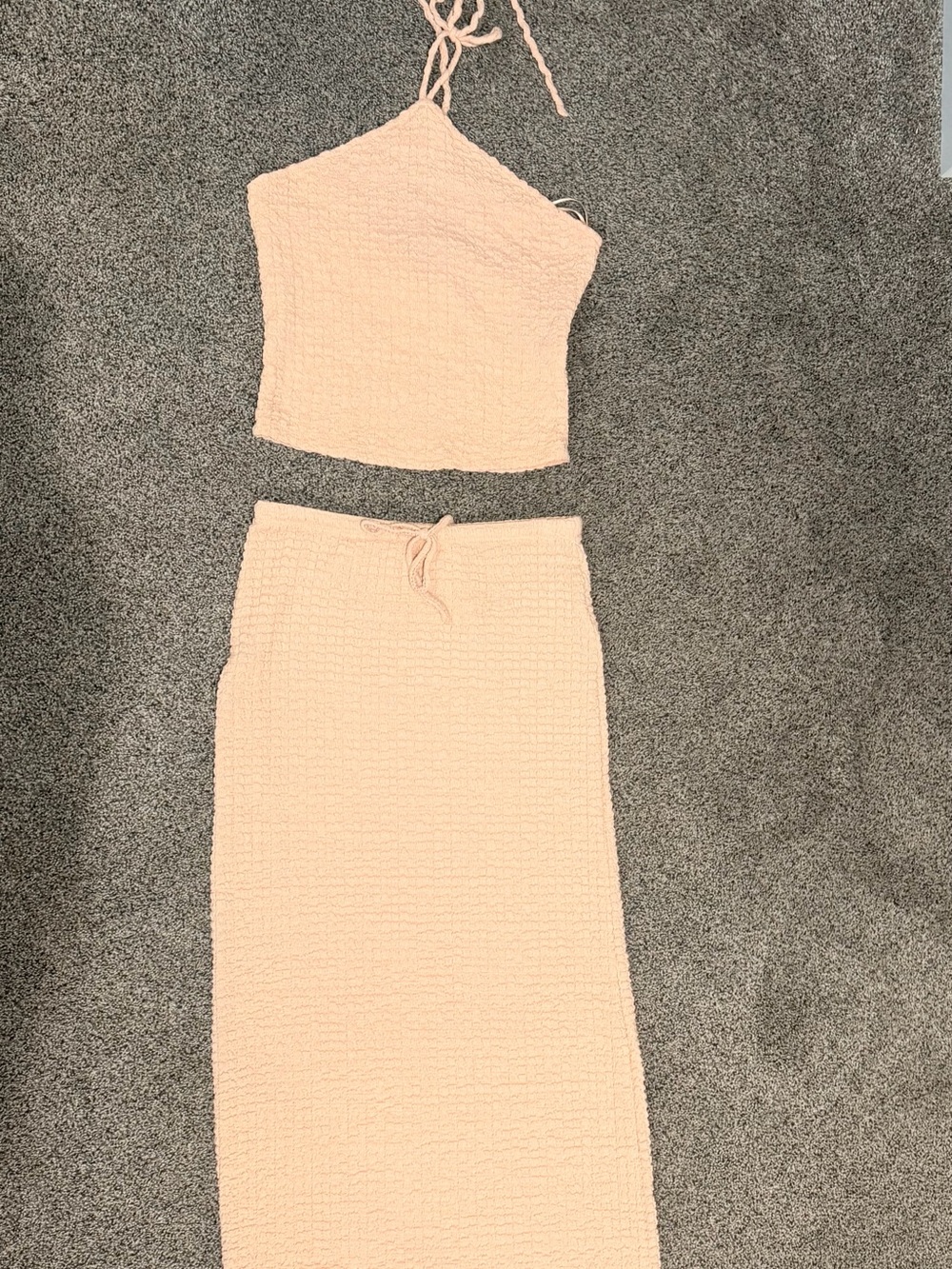 Good Luck Gem GLG Blush Pink Textured Maxi Skirt and Tie Halter Top Matching Set